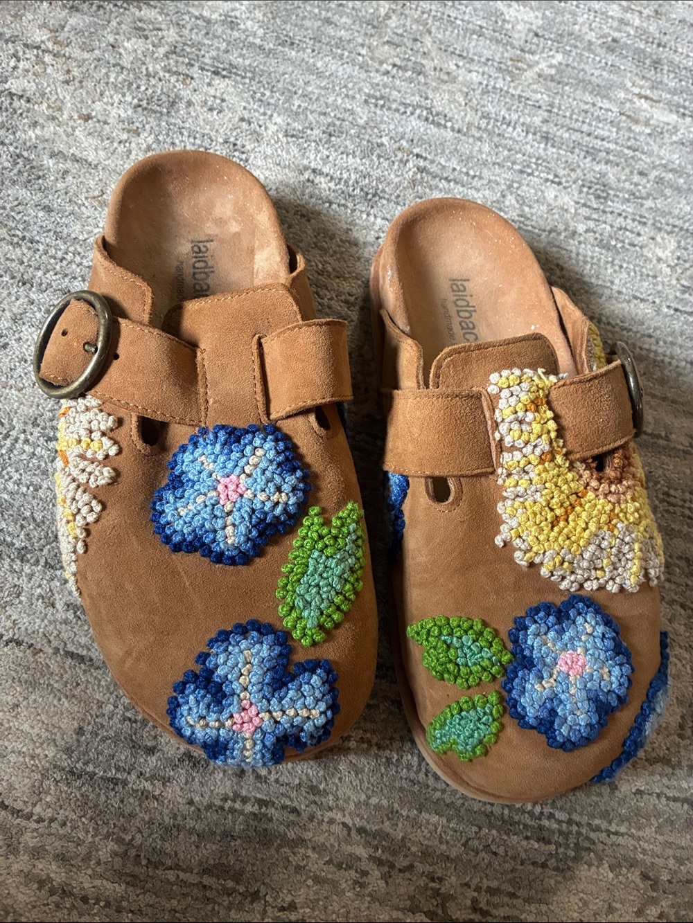 Laidback London Suede Embroidered Clogs - Brown with Blue & Green Floral - 37